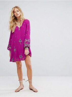 Free People Embroidered Mini Dress- Lilac Combo